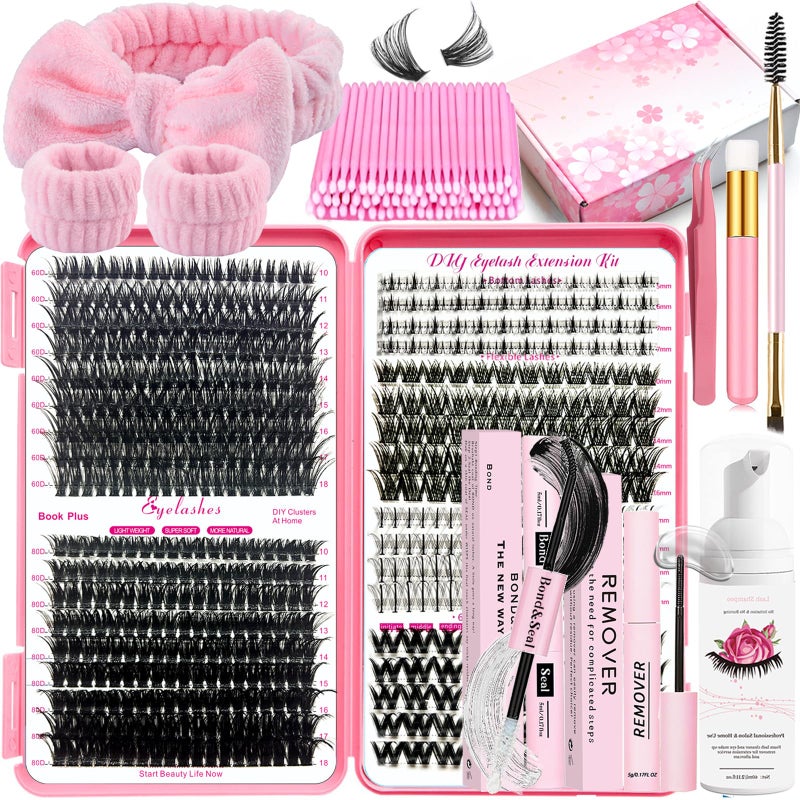 DNSGOOR DIY Lash Extension Kit 584 Pcs Lashes Clusters with Bottom Lashes Lash Bond and Seal Glue Remover Lash Shampoo Cleansing Brush Headband Wristband Tweezers Eyelash Brush Applicator